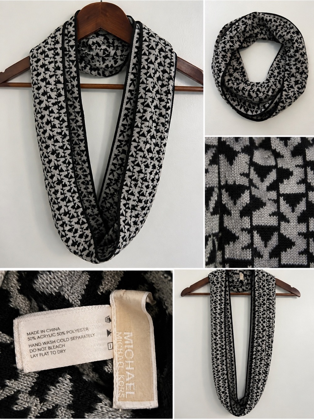 MICHAEL Michael Kors Black and White Houndstooth Knit Scarf